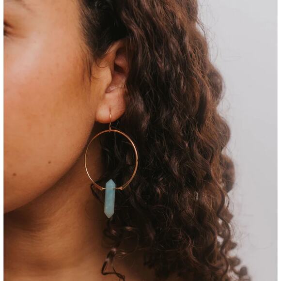 Amazonite Aqua Mint Gold Handmade Boho Gemstone Crystal Hoop Earrings Hoops - Picture 2 of 7